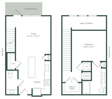 Floor plan for 2 beds, 1 bath, 970 sqft